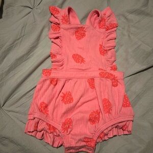 Pink strawberry overall onesie
